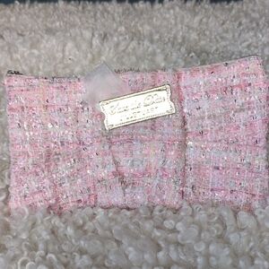 Jill Stuart Pink Tweed Clutch with Silver 'Save the Date' Plaque